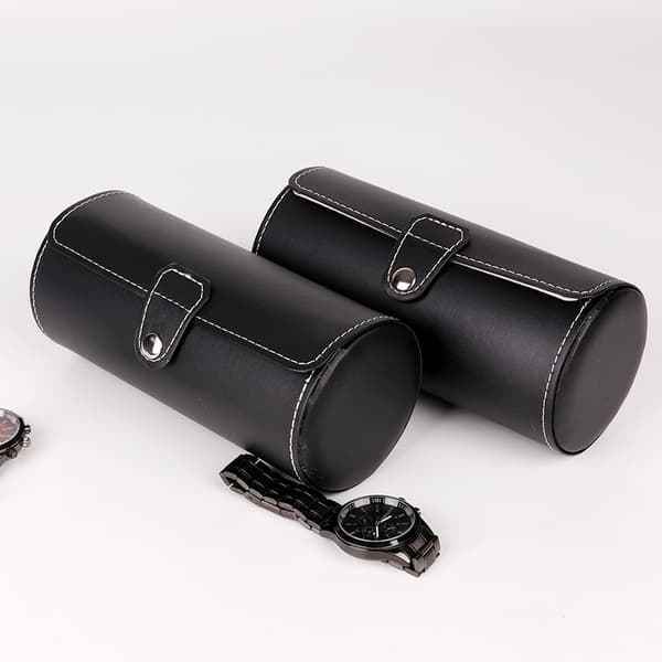 3-cifret cylinder læder urboks opbevaringsboks til opbevaring og udstilling 19*9cm (sort)