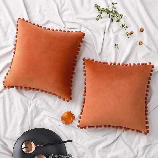 2-pack sammetskuddfodral med pompom dekorativa örngott enfärgade mjuka kuddfodral med poms fyrkantiga för soffa säng bil 18x18 tum Da 16 x16 Orange