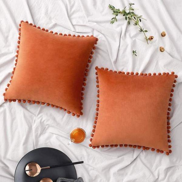 Set 2 samettia tyynynpäällistä Koristeellinen tyynyliina Pompom Pompom tyynytyyny Pehmeä ja kiinteä neliönmuotoisilla tyynyillä sohvalle Makuuhuoneen sohva 45x45cm 20 x20 Orange