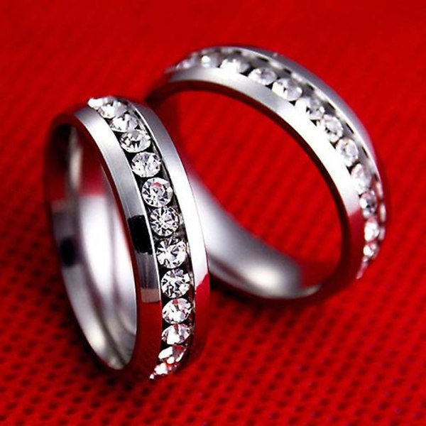 Män Kvinnor Par Lover Rhinestone Titanium Stål Förlovningsring Bröllopssmycken Silver US 7