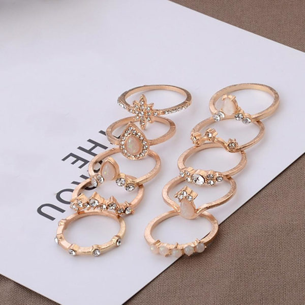 10 stk./sæt Dame Vanddråbe Stjerne Krone Faux Opal Stable Knuckle Midi Finger Ring