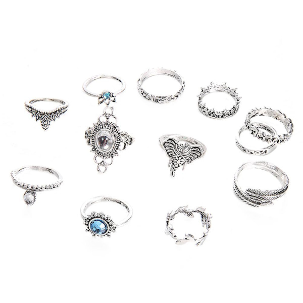 12 st Vintage Boho Faux Gemstone Rhinestone Smycken Knuckle Stacking Ringar