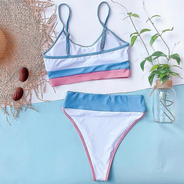 Dam Bikinisätt med Hög Midja, Patchwork, Sommarstrandkläder White and Blue M