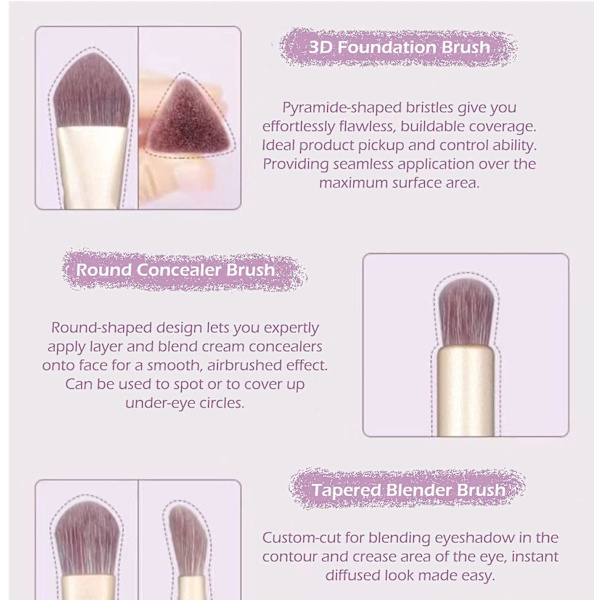 Makeup Brush Set Professionel og hverdagssminkebørste sæt, lys lilla syntetisk vegansk børste