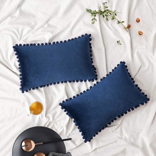 Sett med 2 fløyels putetrekk Dekorative putevar Pompom Pompom pute Puter Myke og solide med firkantede pomponer for sofa soverom sofa 45x45cm 12 x20 Navy Blue