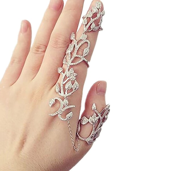 Kedja Ring Blomma Mönster Finger Smycken Justerbar Kvinna Kedjelänk Finger Ring För Bröllop Gold