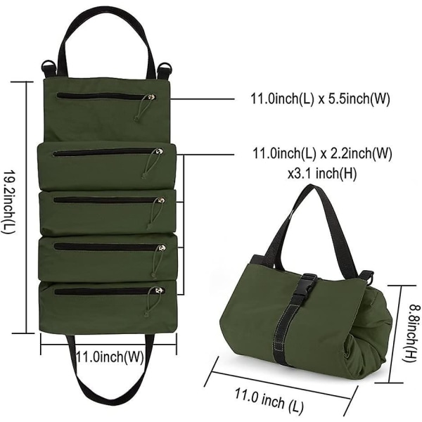 Verktygsrulle Organiseringsväska, Tålig Canvas Verktygsförvaringsficka Med 5 Dragkedjefickor För Skiftnycklar, Hylsor, Skruvmejslar Och Mer (Armégrön)