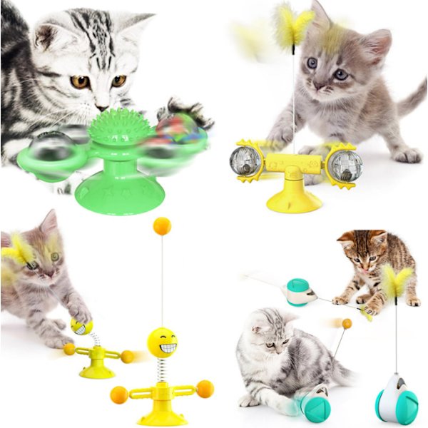 Rolig kattpinne kattleksak, rolig väderkvarn kattunge balansbil kattstång, rolig fjäder kattleksak (grön och vit balansbil)