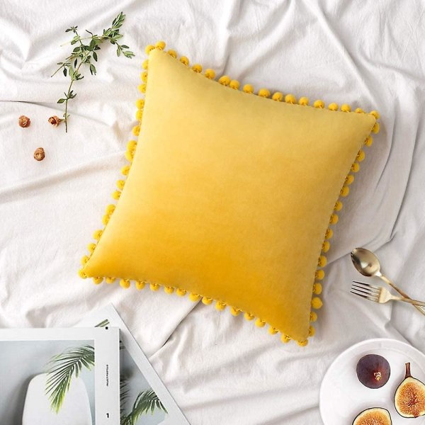 Sæt af 2 Fløjls Pudebetræk Dekorative Pudebetræk Pompom Pompom Pude Puder Bløde og Solide med Kvadratiske Pompoms til Sofa Soveværelse Sofa 45x45cm 18 x18 Lemon Yellow