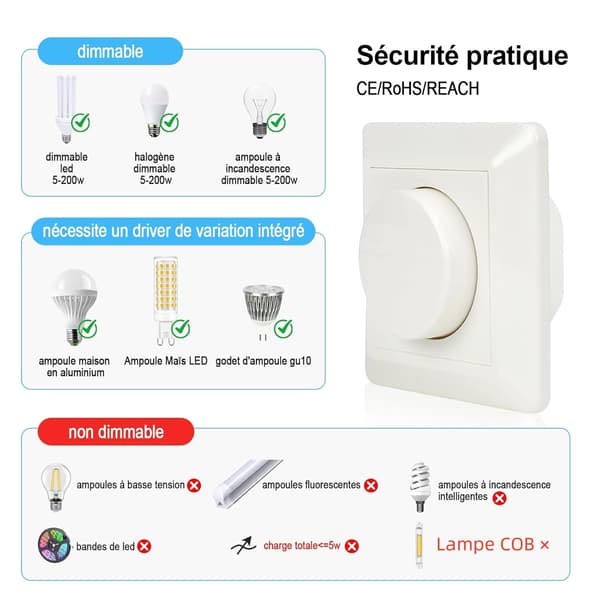 LED Dimmerbryter 5-200W, 220V-240V Dimbar LED Dimmerbryter, Roterende LED Dimmer for Dimbar LED og Halogenlamper