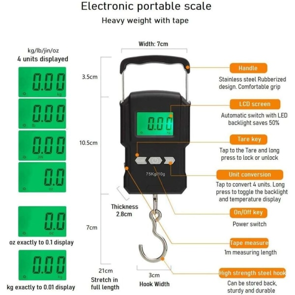 Kalastusvaaka 165lb / 75kg Ripustettava Matkatavara Vaaka, Matkatavara Vaaka Taustavalaistulla LCD-näytöllä, Mittanauha