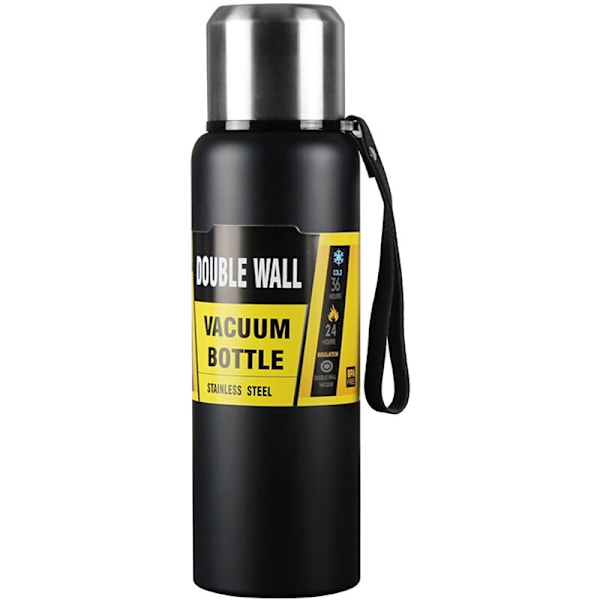 304 1000ml Resväska Termos, Kaffeeflaska, Mugg med inbyggt lock, Rostfritt stål, Isolerad tekopp, Sport Vattenflaska (Svart)—
