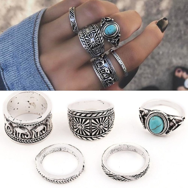 5 st/ set Kvinnor Elefant Turkos Knuckle Ring snidade Vintage Stapling Ringar