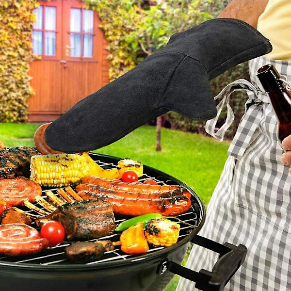 Värmeisolerad Spisvante, Läderugnsvante, Eldfast Skyddsvant, Grillvante, Värmebeständig Lädervante, Svart