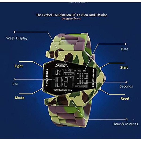 Led Militär Cool Vattentät Ljusstark Grafisk Design Pojkar Och Flickor Digital Klocka