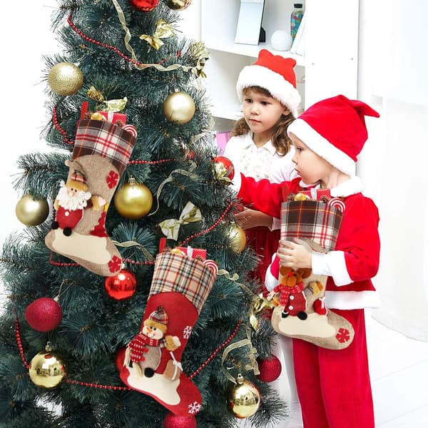 Julstrumpa, 46 cm Set med 3 Tomte, Snögubbe, Ren, 3D
