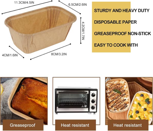 50 stk. engangs kageforme, rektangulært non-stick papir, mini bageform til plumcake, kager, boller (brun)