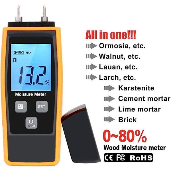 Kosteusmittari, Xrclif Seinä- ja Puukosteusmittari, Vuodonilmaisin, Kosteus, Sementtilaasti, Kosteuspitoisuuden Ilmaisin LCD-Taustavalon Kera (Keltainen)