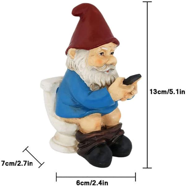 Havefigur til haven Dværg Elf der spiller på mobiltelefon (Blå Dværg)