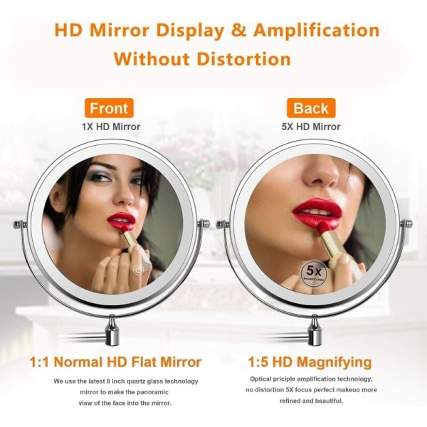 Inch Double Sided LED Makeup Mirrors, Wall Mounted Magnifying Mirror, 360°Swivel, Chrome Surface, Extendable, Powered by