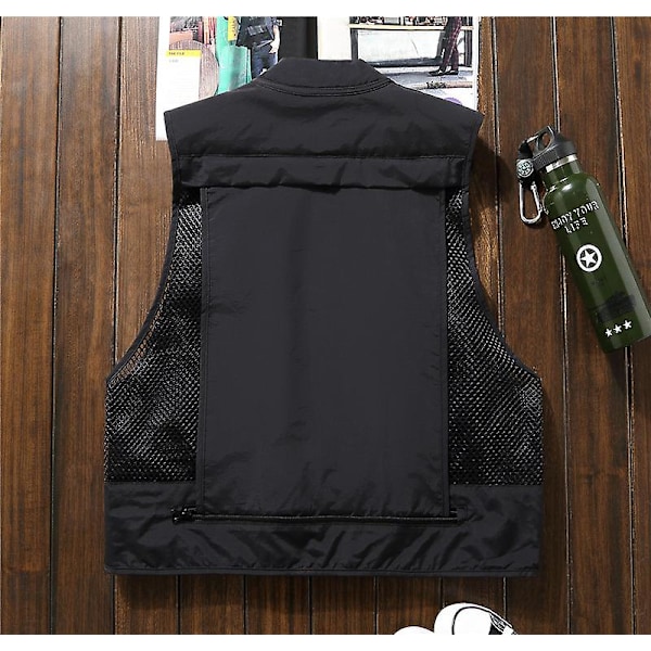 Sommar utomhus mesh cargo väst för män och kvinnor, multi-ficka funktionell fotograferingsväst, fiskehästklämma väst, tunn black L