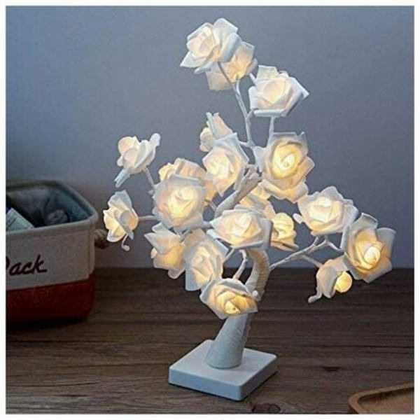 24 LED Vit Ros Bordlampa Batteri, Justerbar Timer Skrivbordslampa Nattlampa för Hem Bröllop Vardagsrum Sovrum Fest