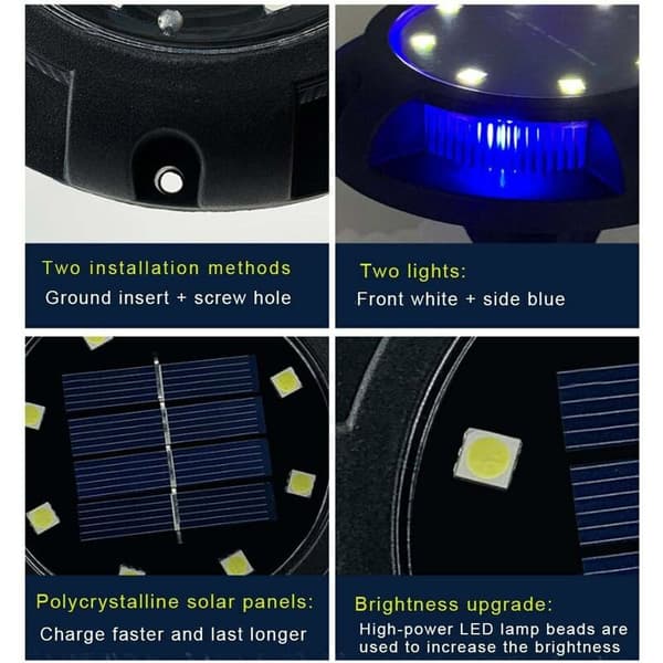 4 stk hvitt lys + blått sidelys Solar LED-lys Plenlys Hagebelysning Dekor, for utendørs, hage, gårdsplass