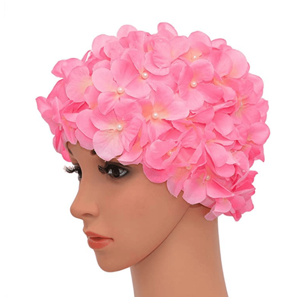 Badehætte til kvinder i vintage stil, blomsterprint, retro stil, pink,