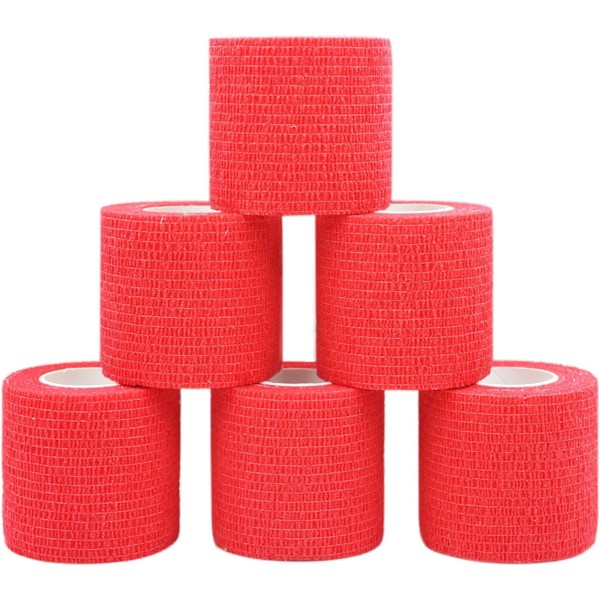6 st självhäftande bandage kohesiv bandage självhäftande bandage rulle fleece flexibel bandage kohesiv atletisk tejp allergitestad röd, 5cm