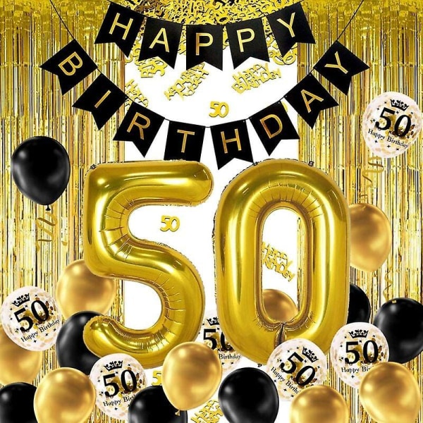 50 Års Svart Guld Födelsedag Dekoration, Grattis På Födelsedagen Banner, Helium Ballong Siffror 50 Xxl, Svart Guld Fransgardin Latex Konfetti Nummer Bord D