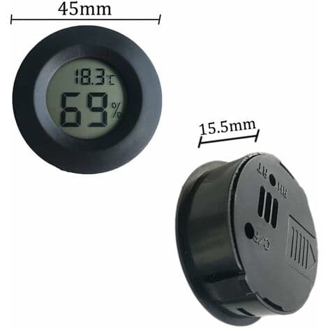 Mini 4,5 cm svart digital termometer hygrometer, digital LCD-display inomhus utomhus bärbar rund termometer batterier