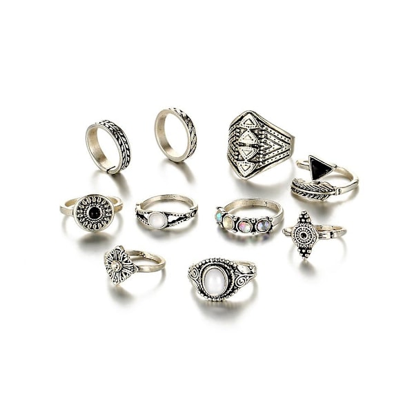 10 st/set Boho Kvinnor Retro Sol Fjäder Pil Carved Knuckle Midi Stacking Ringar Antique Silver