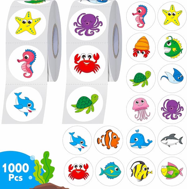 1000 Pyöreää Eläintarrastickeria, 16 Suloista Merieläintä