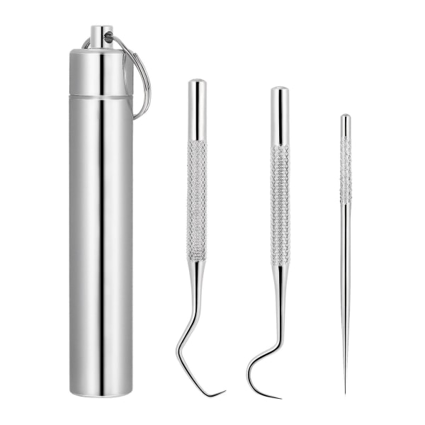 Milisten tandpetare i rostfritt stål 3-pack tandrengöringsverktyg i rostfritt stål som består av 1 rak tandpetare och 2 armbågtandpetare