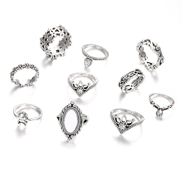 10 st Kvinnors Retro Falsk Opal Rhinestone Knuckle Midi Finger Stacking Joint Ring