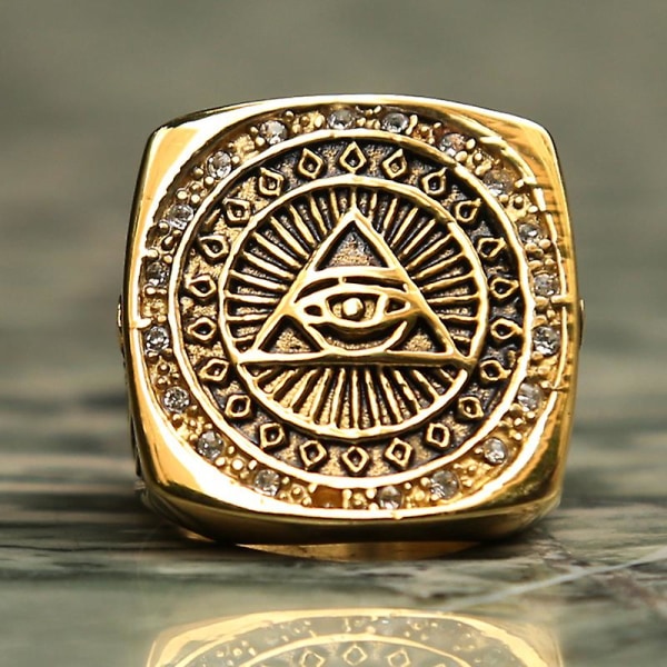Vintage tungt rostfritt stål All Seeing Eye Ring För Män Kristall Guld Färg Mason Masonic Punk Man Ring Mode Smycken Present