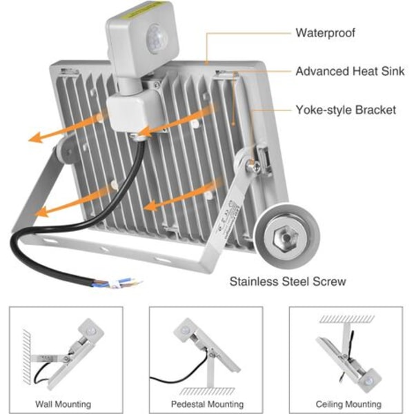 10W Bevægelsessensor LED Overlygter, IP65 Vandafvisende Udendørslys, 6000-6500K Kold Hvid Sikkerhedslygter, Udendørs LED Fl