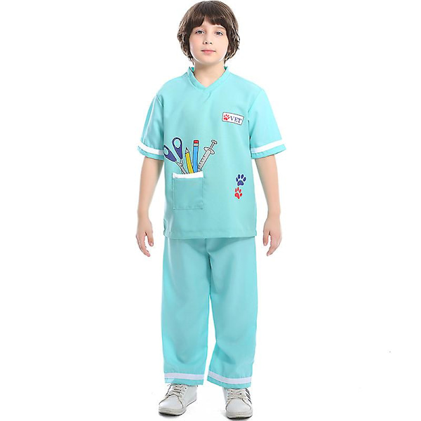 Barnläkare Uniform Halloween Rollspel Cosplay Kostymer Professionell Upplevelse Cartoon Doktor Sjuksköterska Kläder Topp+Byxor+Mask Green M  130cm-140cm