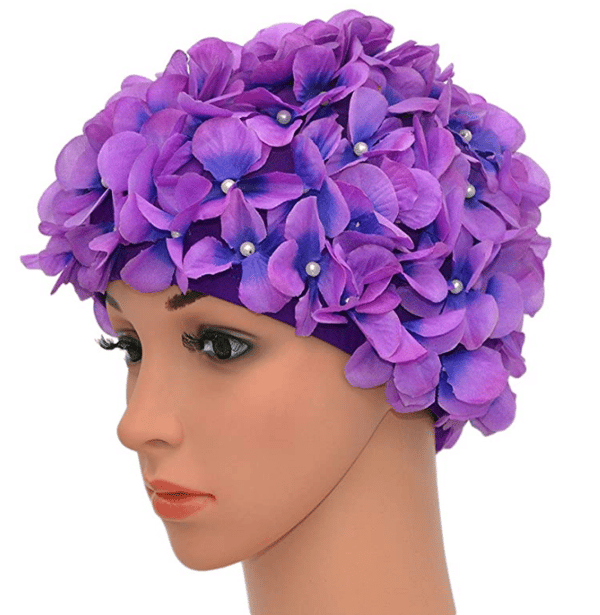 Badehætte til kvinder i vintage stil, blomsterprint, retro stil, lilla,