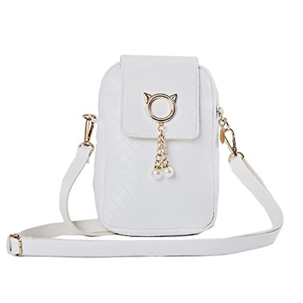 Naisten Mini Crossbody Pu -matkapuhelinlaukku, naisten vetoketjullinen puhelinlaukku, älykäs lompakko, matkapuhelinlaukku säädettävällä olkahihnalla matkustamiseen White