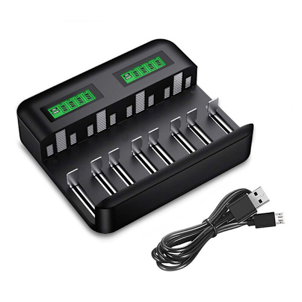 Universal batterioplader, 8-slot batterioplader, egnet til AA/AAA/C/D Ni-MH/Ni-Cd genopladelige batterier