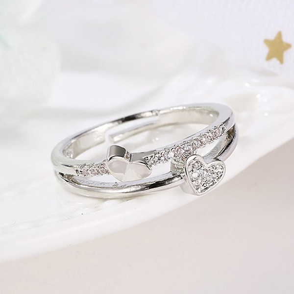 Kvinners Mote Rhinestone Inlagt Dobbelt Hjerte Hul Bånd Åpning Ring Smykker Silver