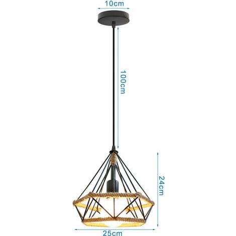 Sæt med 2 Retro Hamp Reb Pendel Lysekrone Diamant Loftslampe E27 til Soveværelse Stue Sort - Sort