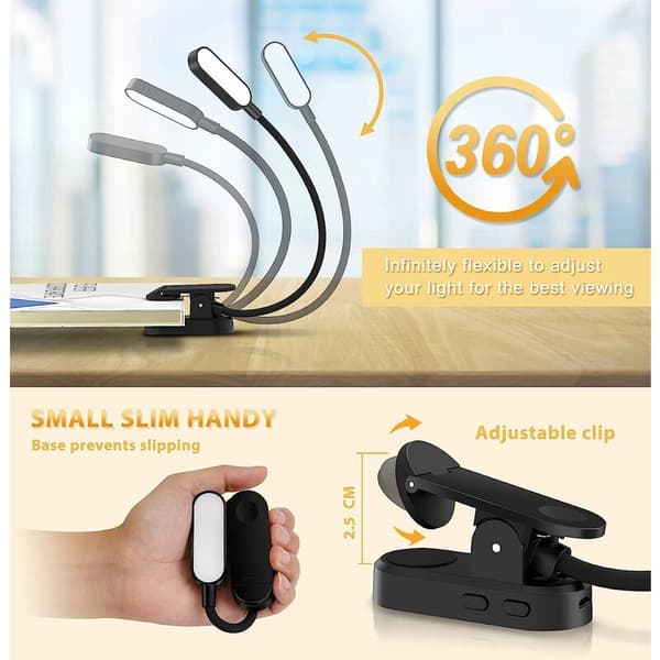 Sort USB genopladelig mini læselampe til seng, bog, mini natlys og sengelampe, til læsning, belysning