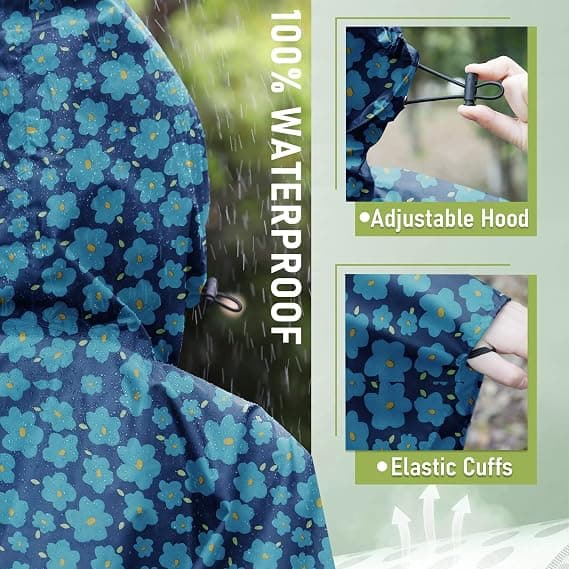 Blå Blomster Regnfrakk Poncho med Hette og Glidelås for Voksne