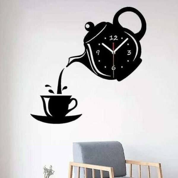 Kreativ Tekanna Klocka Väggklocka, 3D Akryl Kaffe Te Kopps Väggklocka, Svart