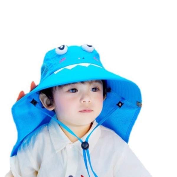 Sun hat sun hat boys and girls large brim fisherman hat (Haier blue dinosaur model one size two)