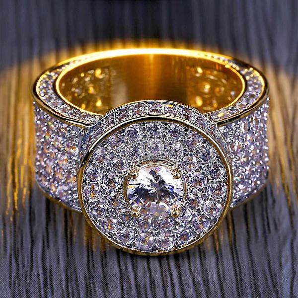 Trendig guldring med stora stenar, helt iset, mikropavé cubic zirconia, hiphop-smycke för män, storlek 7 8 9 10 11