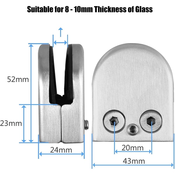 8 delar glasklämmor, rostfritt stål glashållare polerad platt baksida rund glasklämma för 8mm-10mm glastrappräcke - med 2 delar insexdrivning