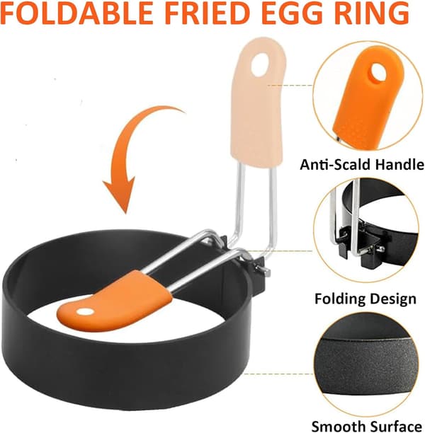 Eggformer i rustfritt stål, non-stick eggformer til stekepanne, med sammenleggbart silikonhåndtak og oljebørste